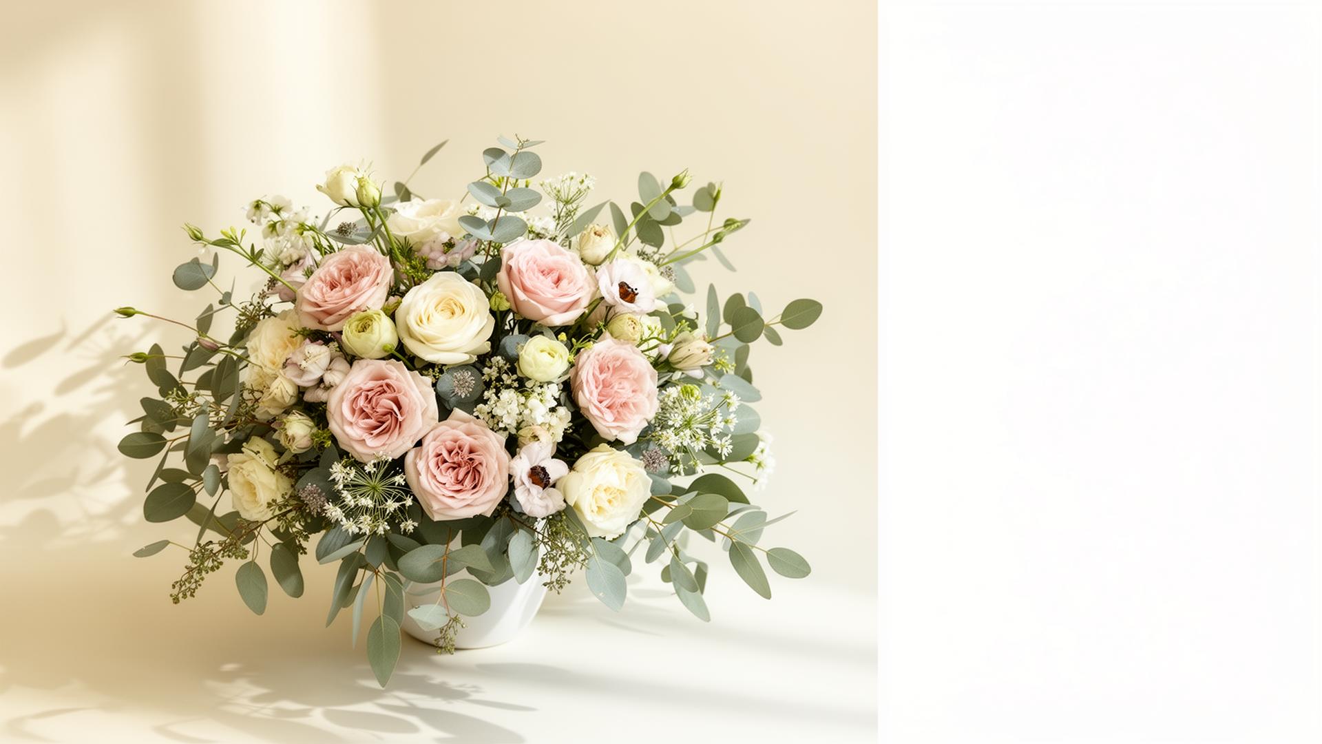 Fresh blush and cream flower arrangement by Cathy Cowgill Flowers