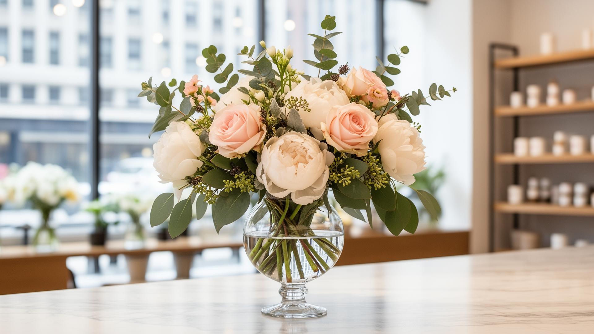 Beautiful floral arrangement in a glass vase at Iris and Orchid